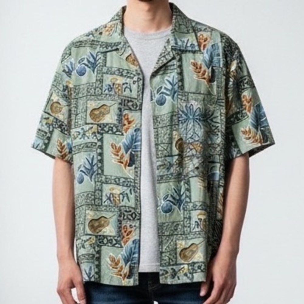 VTG Malihini Hawaii Mens Large Cotton Aloha Shirt Sage Green Ukulele Drum Tropic